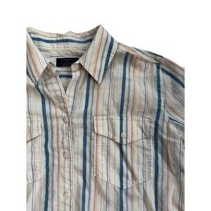UNTUCKit Women‎ M Linen Cotton Blend Blouse Medium Striped Button Up Long Sleeve